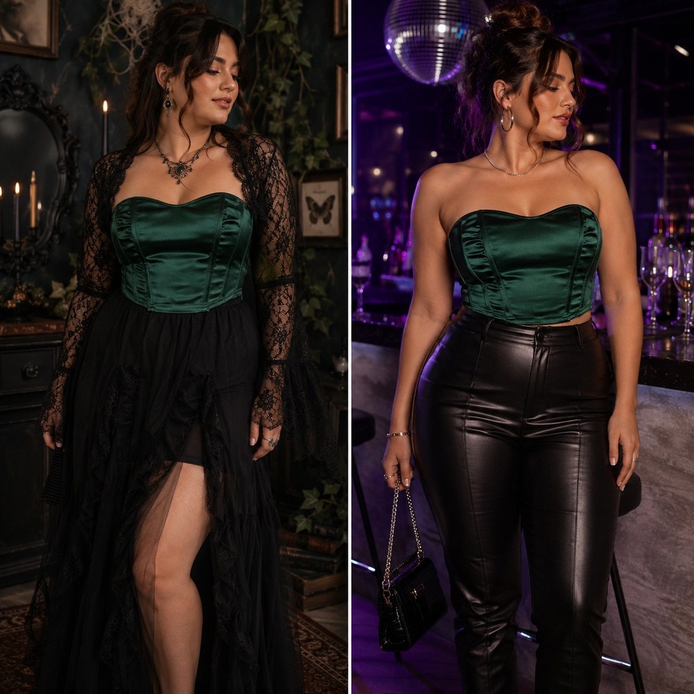 SHEIN Large Emerald Green Satin Corset Top Strapless Y2K Glam Bustier Whimsigoth